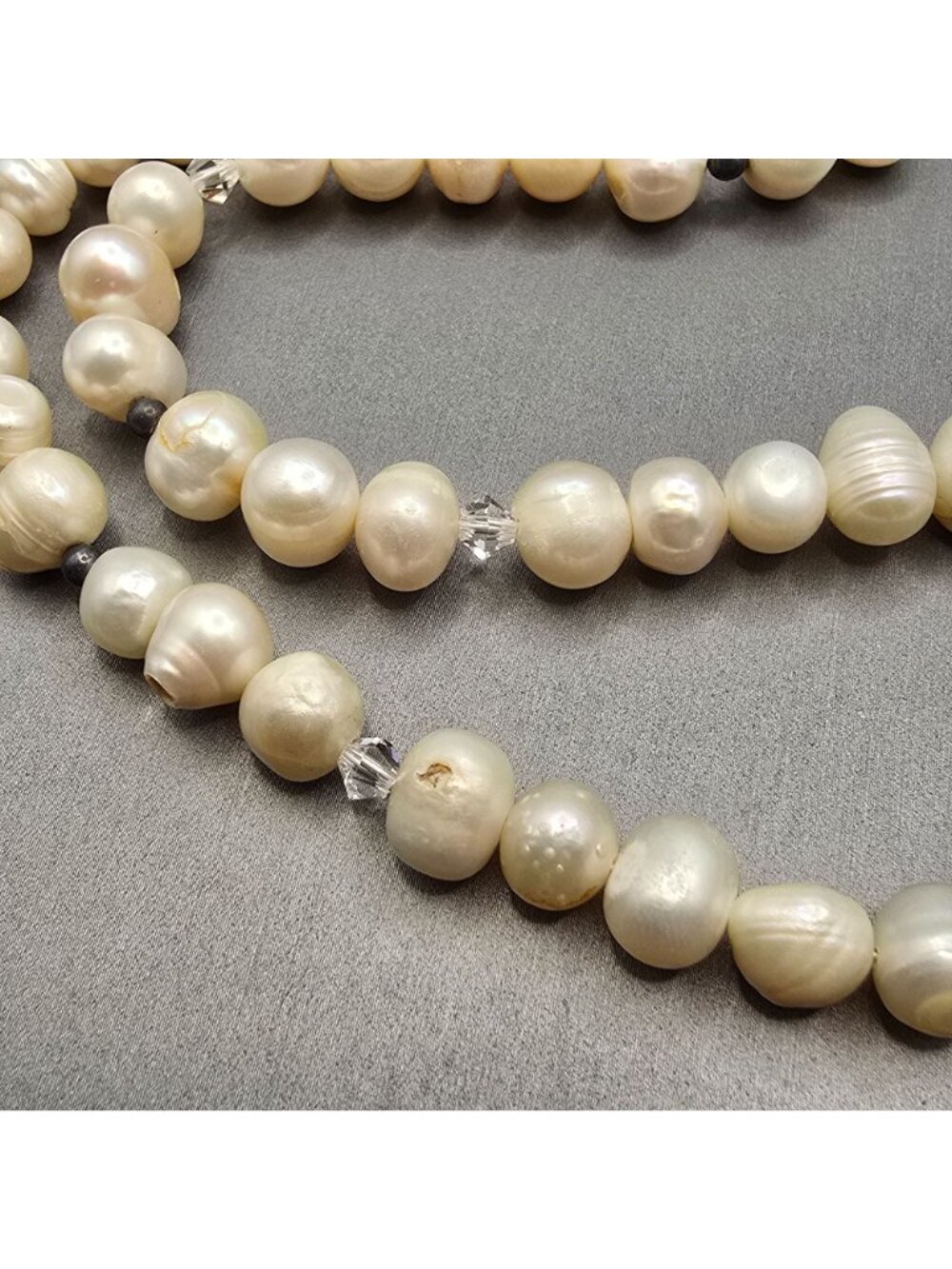 VTG White Graduated Baroque Pearl Necklace 22" Sterling Toggle Crystal Accents - Picture 3 of 13